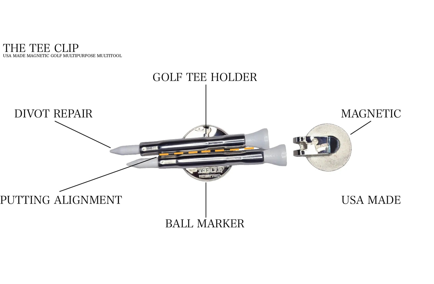 ティークリップ®: 米国製 | マグネット式ゴルフティーホルダー | ティー2本用ダブルバレル、ボールマーカー、パッティングアライメントツール、ディボットフィクサー