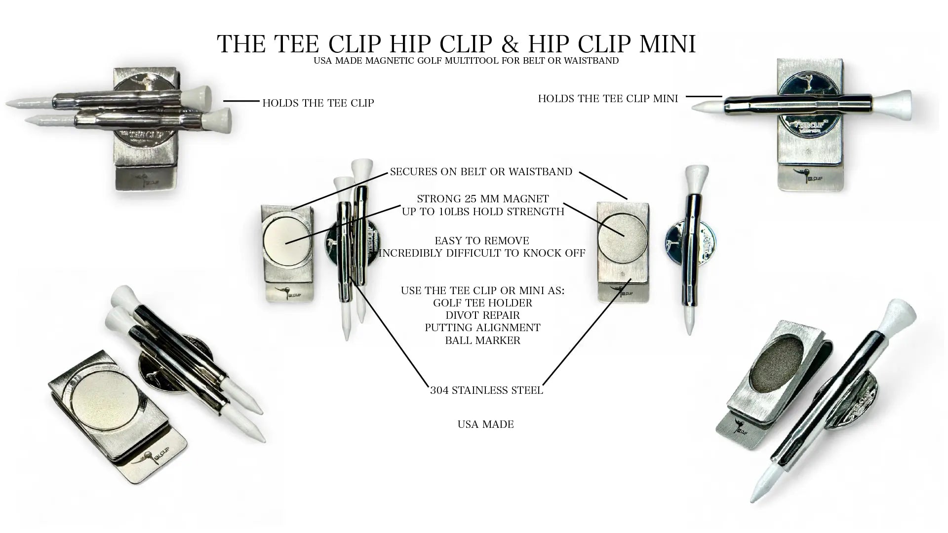 The Tee Clip® Hip Clip™: USA Made Magnetic Golf Multi Tool Tee Holder For Belt or Waistband Lost Wedge™